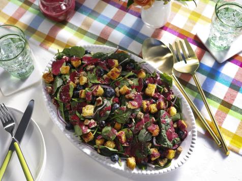 Spinach and Candied Walnut Salad with Blueberry Vinaigrette and Cornbread Croutons