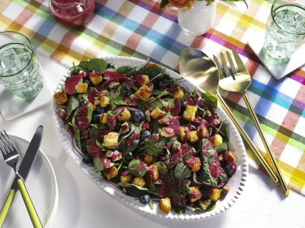 Spinach and Candied Walnut Salad with Blueberry Vinaigrette and Cornbread  Croutons