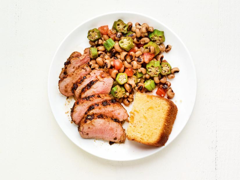 CAJUN SPICED PORK WITH OKRA AND BLACK-EYED PEAS. Beans\, legumes.