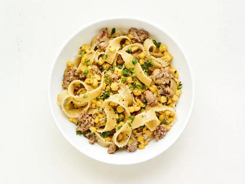 PAPPARDELLE WITH CORN AND HOT SAUSAGE. Pasta.
