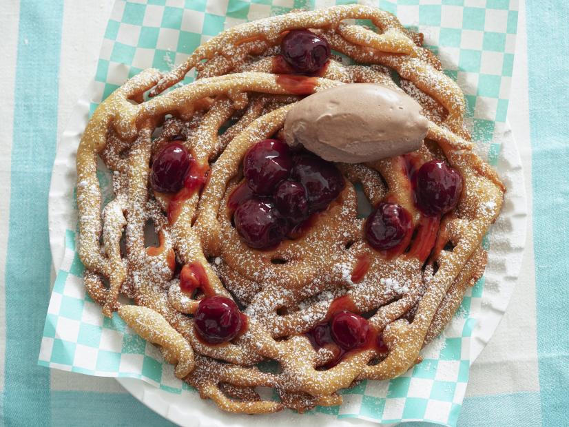 Jeff Mauro's Black Cherry Funnel Cake with Chocolate Chantilly Cream Beauty, as seen on The Kitchen, Season 37.