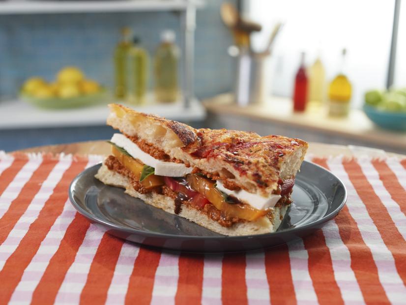 Jeff Mauro's Triple Tomato Caprese Focaccia Sandwich Beauty, as seen on The Kitchen, Season 37.