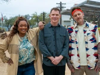 Hosts Sunny Anderson, Bobby Flay and Michael Voltaggio, as seen on BBQ Brawl, Season 5.
