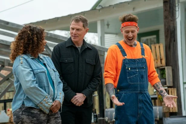 Hosts Michael Voltaggio, Bobby Flay and Sunny Anderson arrive for week seven, as seen on BBQ Brawl, Season 5.