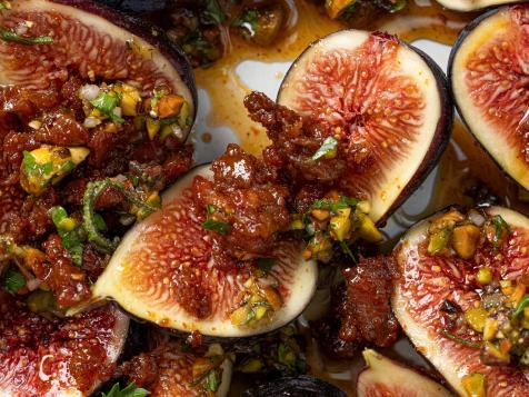 Black Mission Figs with Pistachio Relish and Warm Chorizo Honey