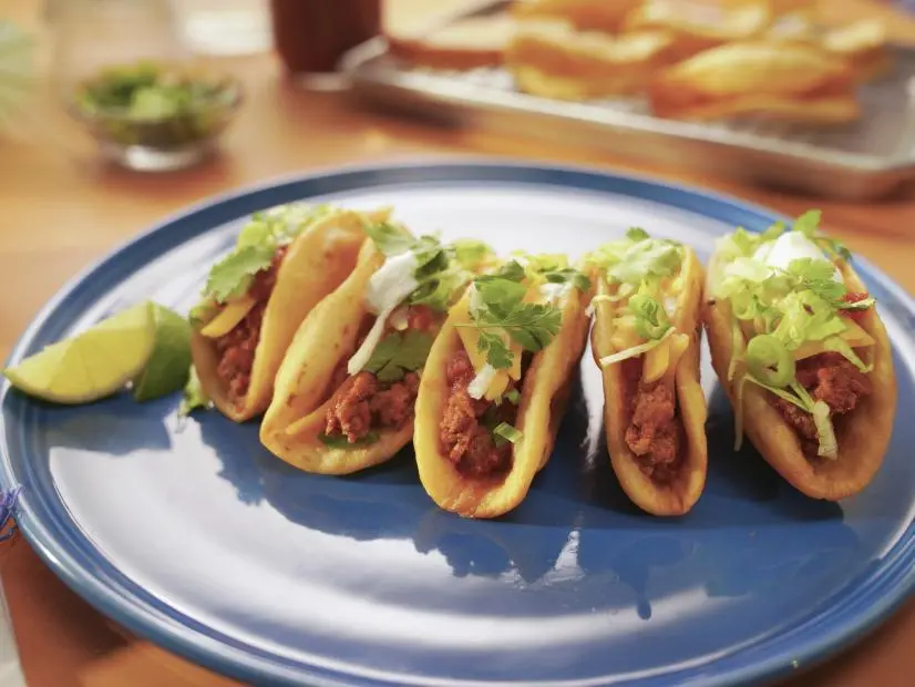 Beauty shot of Molly Yeh's Fried Flour Shell Turkey Tacos as seen in Girl Meets Farm Season 15