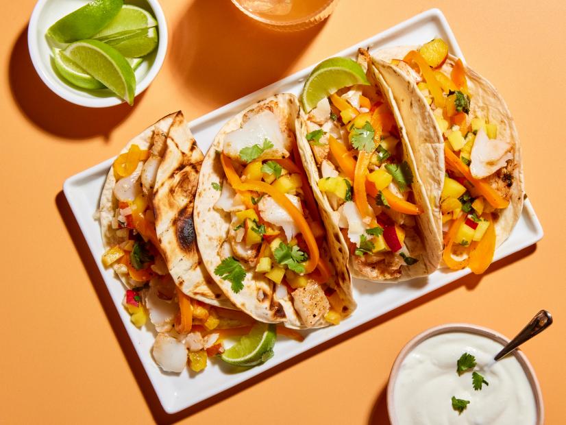 Grilled Fish Tacos with Peach Salsa with paired Swoon Half Lemonade Half Tea, as seen on Food Network