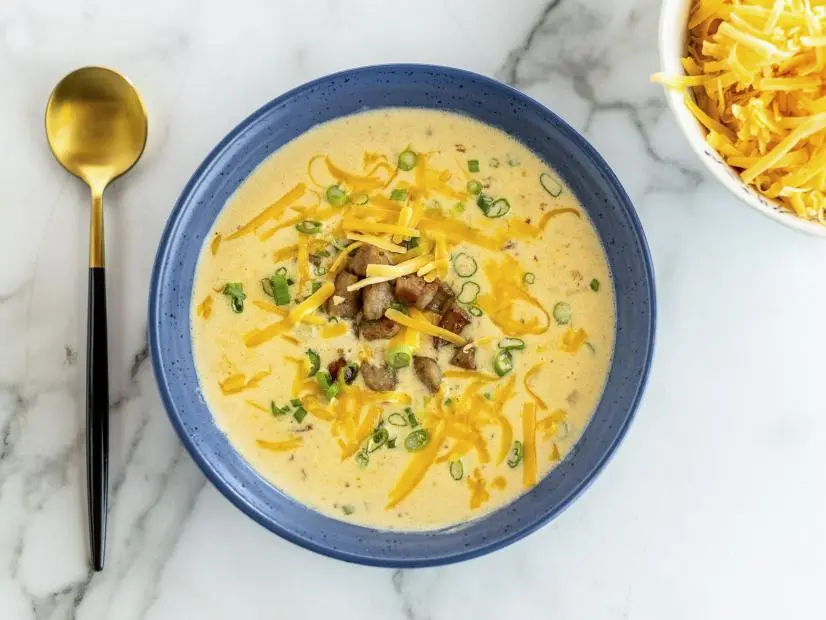 Close-up of Loaded Beer Cheese Soup, as seen on The Pioneer Woman, Season 37
