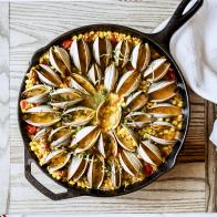 Close-up of Summer Skillet with Clams, Sausage and Corn