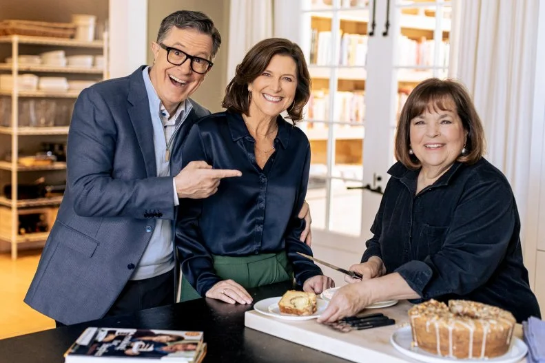 Ina Garten, Stephen Colbert, Evie McGee and Sour Cream Coffee Cake, as seen on Be My Guest with Ina Garten, Season 6.