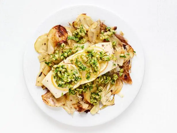 Baked Halibut with Fennel, Potatoes and Olive Gremolata Recipe | Food ...