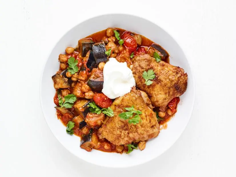 Crispy Chicken Thighs with Eggplant-Chickpea Curry.