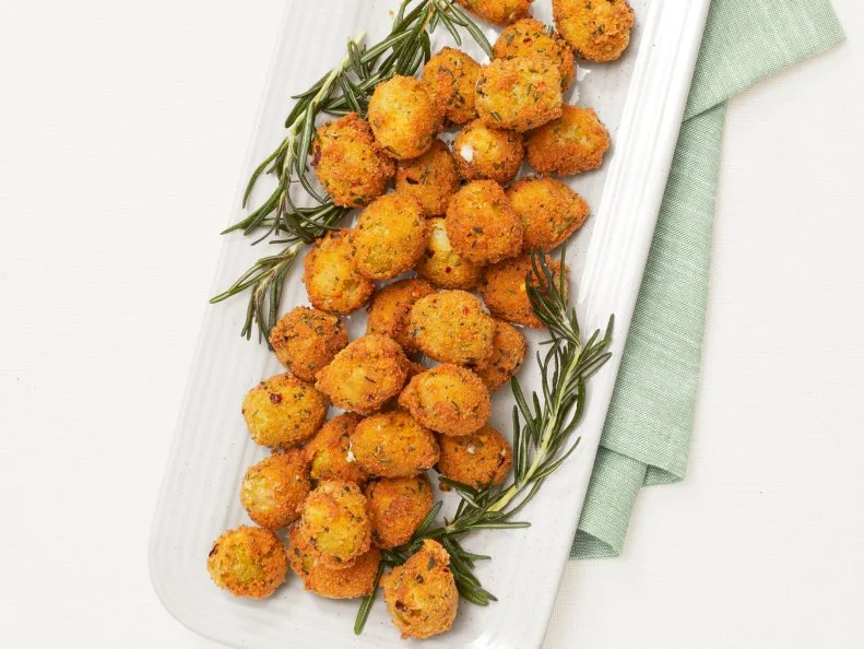 FRIED BLUE CHEESE–STUFFED OLIVES. Food Network  Small Serving  Platter Tray; Food Network  Easy-Care Linen Dinner Napkin 4-Pack.