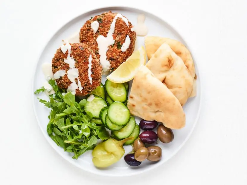 Spiced Salmon Cakes Mezze Platter. Seafood.