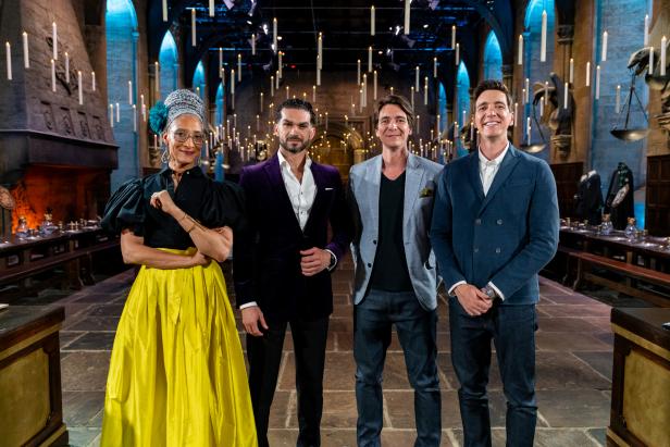 Judges Carla Hall and Jozef Youssef with Hosts James and Oliver Phelps in The Great Hall, as seen on Harry Potter: Wizards of Baking, Season 1.