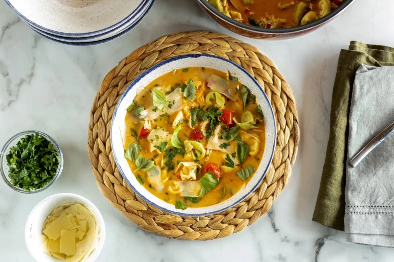 Close-up of Festive Tortellini Soup, as seen on The Pioneer Woman, Season 37