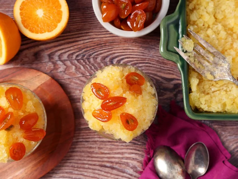 Richmond Flores's Orange-Mint Granita with Candied Kumquats for Food Network Kitchen. 
