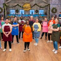 Contestants Steven Levitt, Delna Patel Jonathan Cedrone, Rafi Dekrmnjian, Andre Ward, Courtney Reed, Rolf Runkel, Karen Belton, Jer Barrios, Natasha Aschoff, Megan Knudsvig and Julian Coronado, portrait, as seen on Holiday Baking Championship, Season 11.