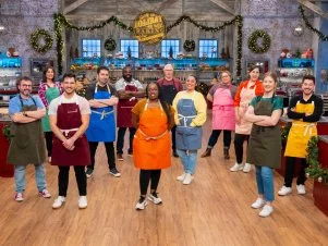 Contestants Steven Levitt, Delna Patel Jonathan Cedrone, Rafi Dekrmnjian, Andre Ward, Courtney Reed, Rolf Runkel, Karen Belton, Jer Barrios, Natasha Aschoff, Megan Knudsvig and Julian Coronado, portrait, as seen on Holiday Baking Championship, Season 11.