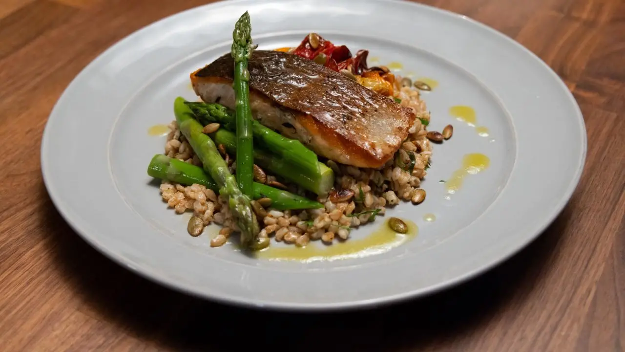 Crispy Skin Salmon with Blistered Cherry Tomatoes, Farro and Lemon