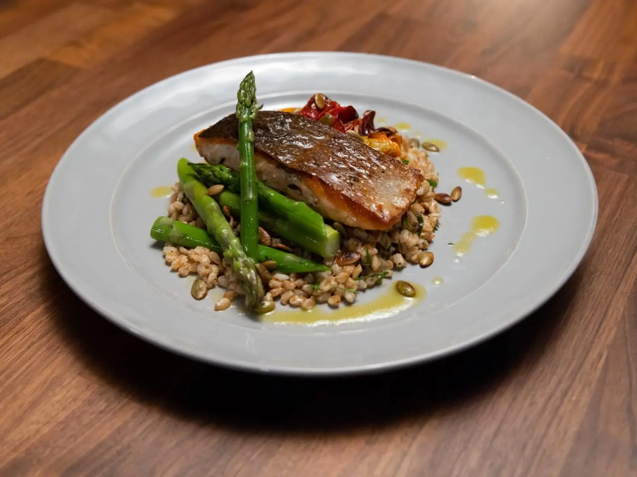 Crispy Skin Salmon with Blistered Cherry Tomatoes, Farro and Lemon