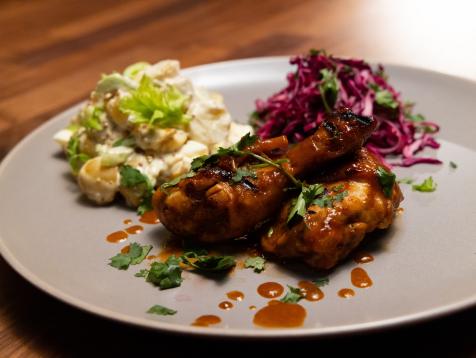 Spicy BBQ Chicken, Creamy Potato Salad and Coleslaw with Lime and Cilantro