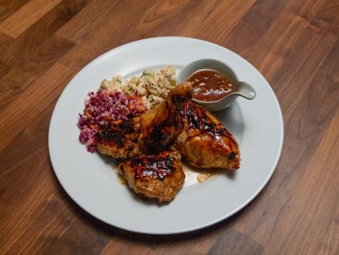 Apricot-Jalapeño BBQ Chicken with Creamy and Spicy Potato Salad and Tri-Color Slaw