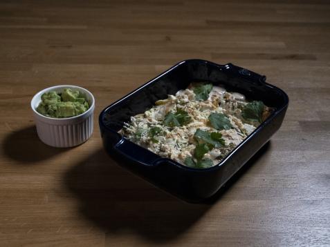 Chorizo and Sweet Potato Enchiladas with Salsa Verde, Guacamole and Chipotle Crema