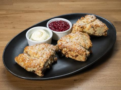White Chocolate, Macadamia and Dried Apricot Scones with Raspberry Compote and Whipped Cream