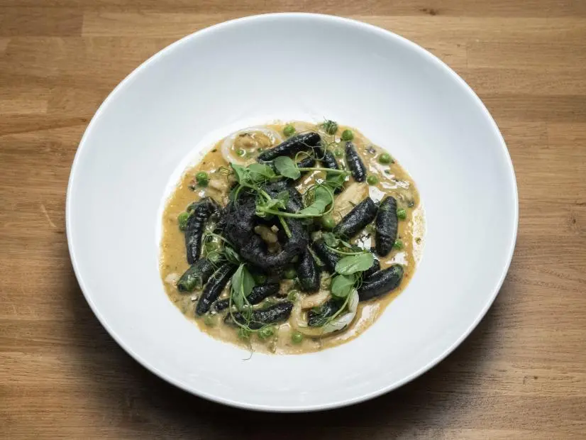 Squid Ink Cavatelli with Fried Calamari, Crab, Sweet Peas, Preserved ...