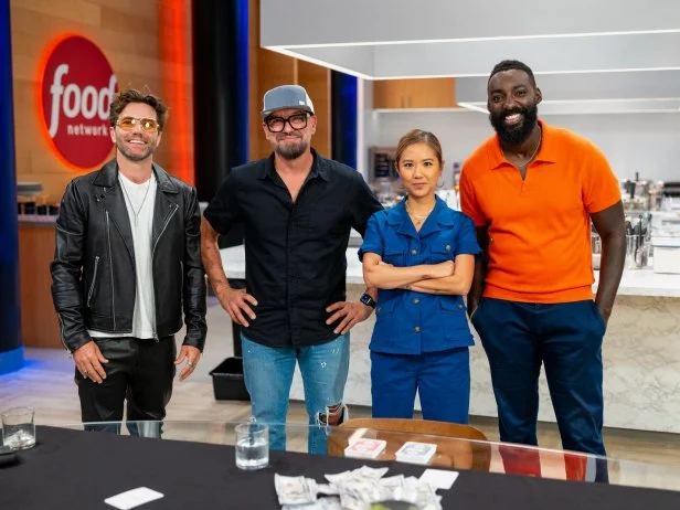 Contestants Marcel Vigneron, Michael Symon, Esther Choi and Host Eric Adjepong, portrait, as seen on Wildcard Kitchen, Season 2.
