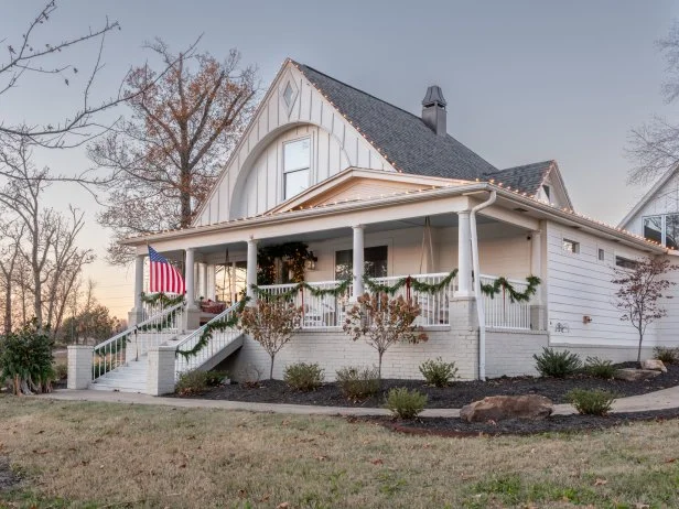 Hosts Dave and Jenny Marrs's exterior home, as seen on Fixer to Fabulous Holiday Social Project on HGTV.