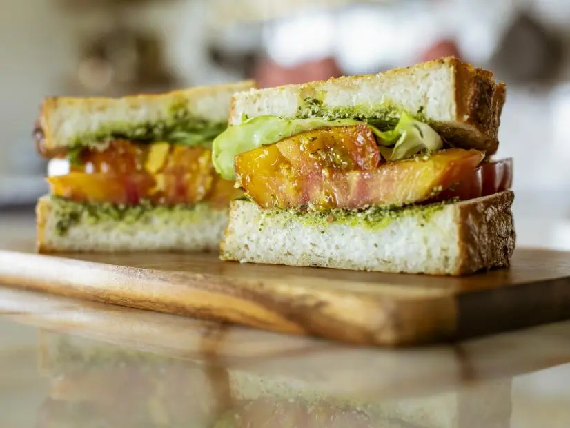 Close-up of Best Ever Pesto and Tomato Sandwich, as seen on The Pioneer Woman, Season 38