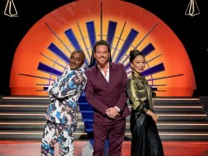 Host Scott Conant, Judges Marcus Samuelsson and Judy Joo, portrait, as seen on House of Knives, Season 1.