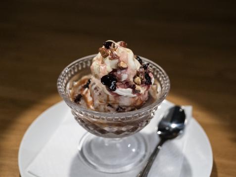 Cherry Ice Cream with Warm Chocolate, Candied Almonds and Cream