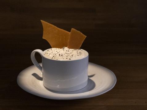 Butterscotch Pots de Crème with Espresso Whipped Cream and Shards of Butterscotch