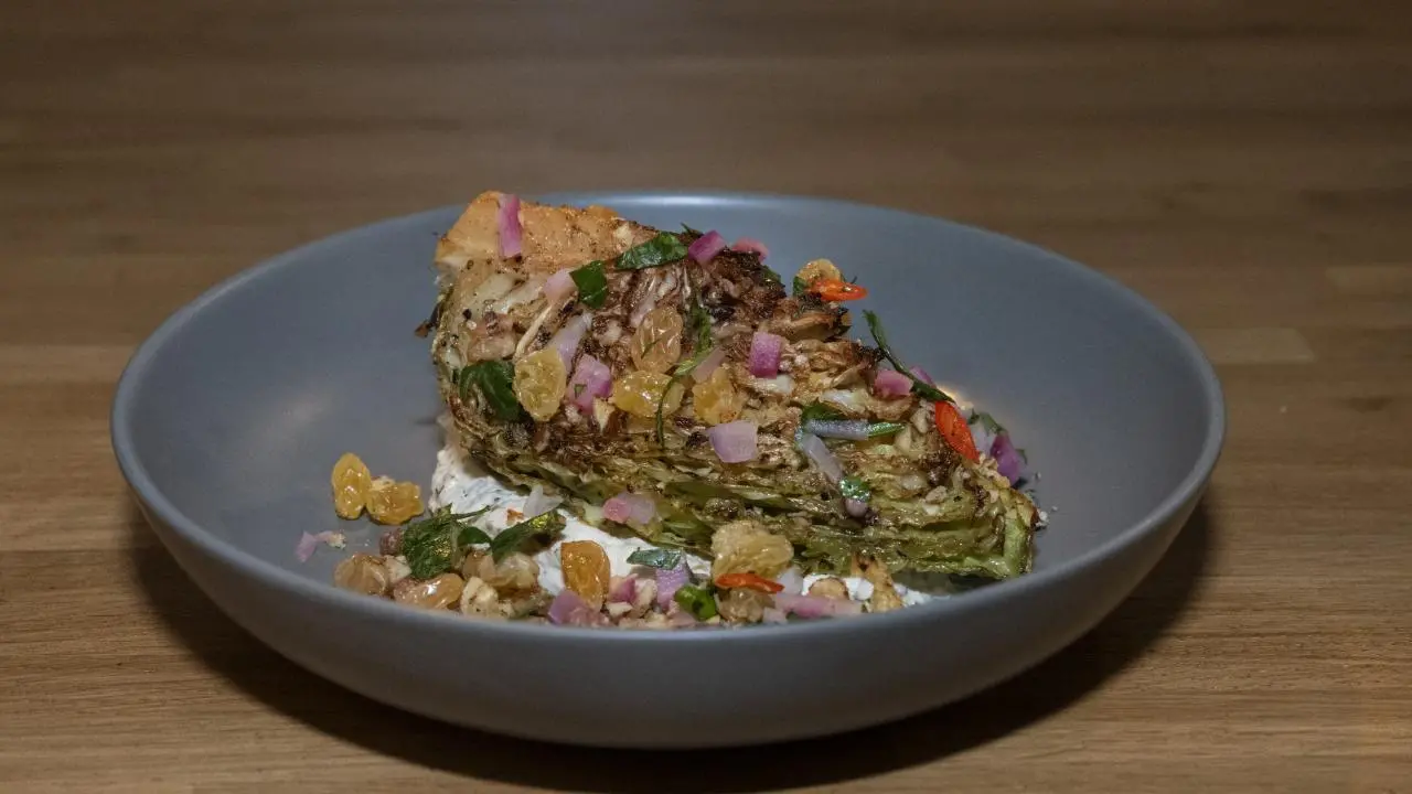 Charred Savoy Cabbage with Thai Chile Agrodolce, Crushed Hazelnuts