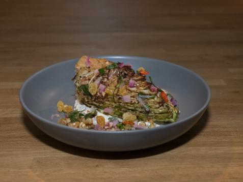 Charred Savoy Cabbage with Thai Chile Agrodolce, Crushed Hazelnuts and Tahini Ranch