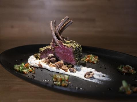 Pistachio-Crusted Lamb Chops with Whipped White Bean and Feta, Cucumber Honey Pepper Relish and Lamb Bacon