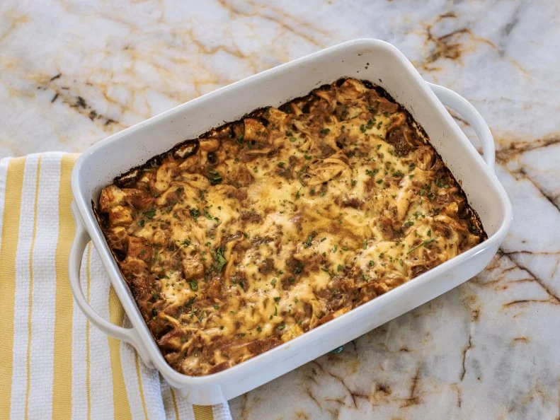 Close-up of French Onion Casserole, as seen on The Pioneer Woman, Season 38