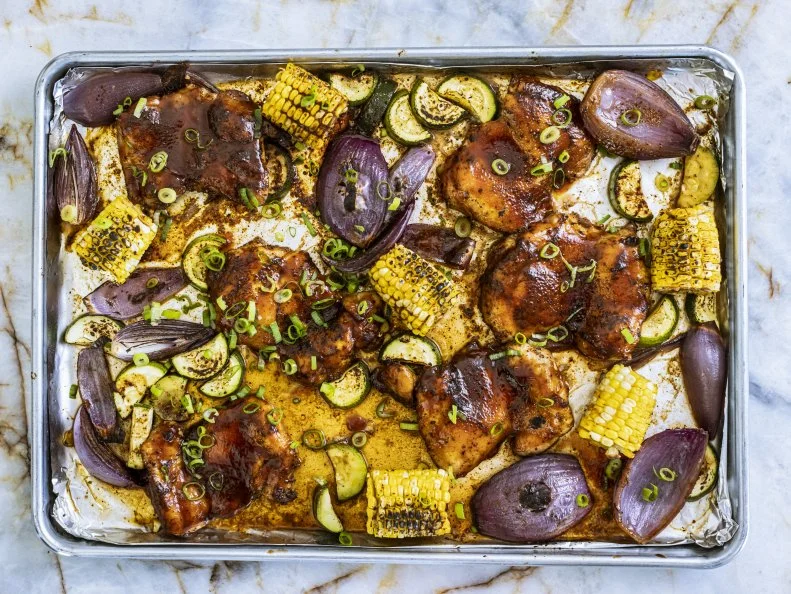 Close-up of BBQ Chicken Sheet Pan Supper, as seen on The Pioneer Woman, Season 38