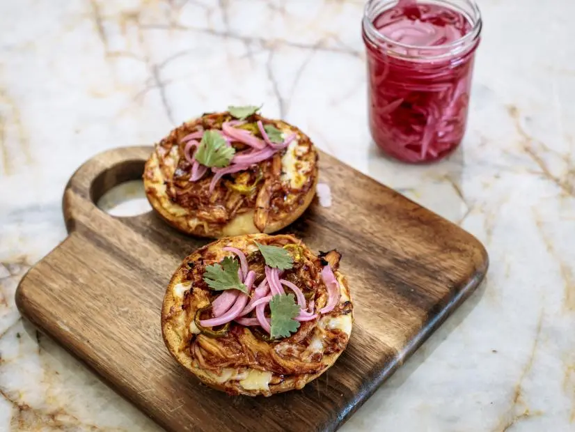 Close-up of Airfryer BBQ Chicken Bagel Pizzas, as seen on The Pioneer Woman, Season 38