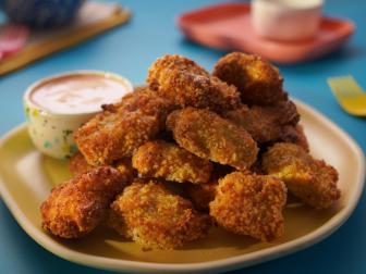 Beauty shot of Molly Yeh's Air Fryer Chicken Nuggets with Creamy Marinara as seen in Girl Meets Farm Season 15
