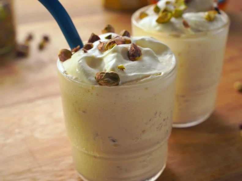Beauty shot of Molly Yeh's Pistachio Milkshakeg as seen in Girl Meets Farm Season 15