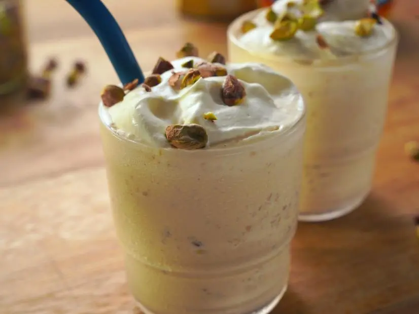 Beauty shot of Molly Yeh's Pistachio Milkshakeg as seen in Girl Meets Farm Season 15