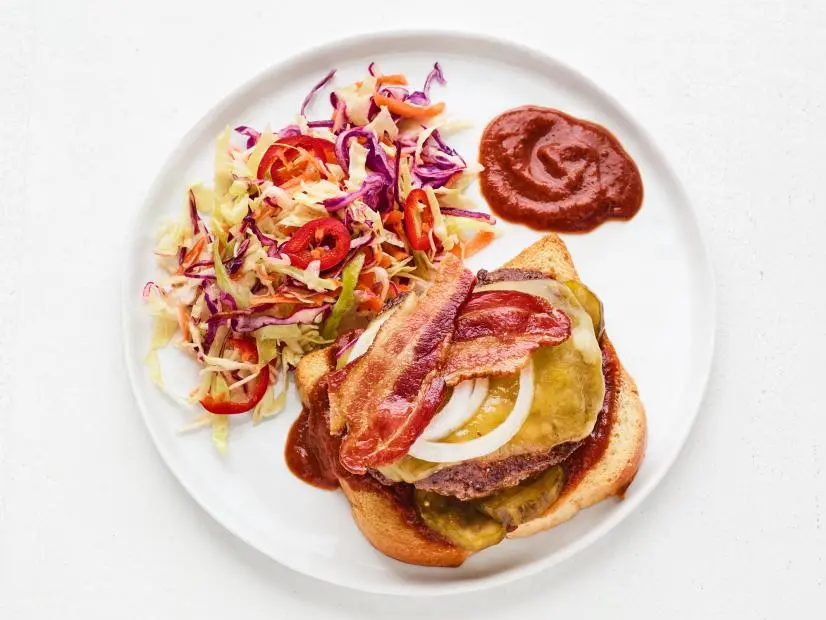 BBQ Bacon Burgers with Spicy Slaw. Dinnertime meals.