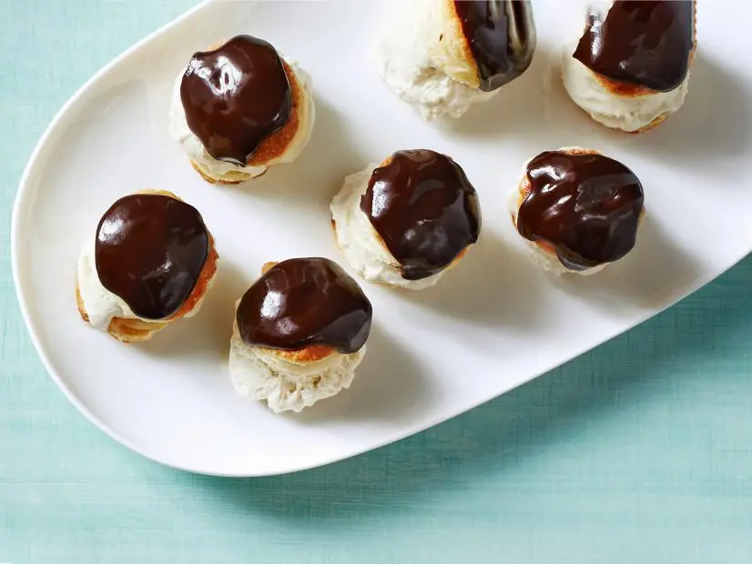 Desserts (clockwise from left): Lemon-Poppy Pinwheels\, Ice Cream Profiteroles\, Tarte Tatin.