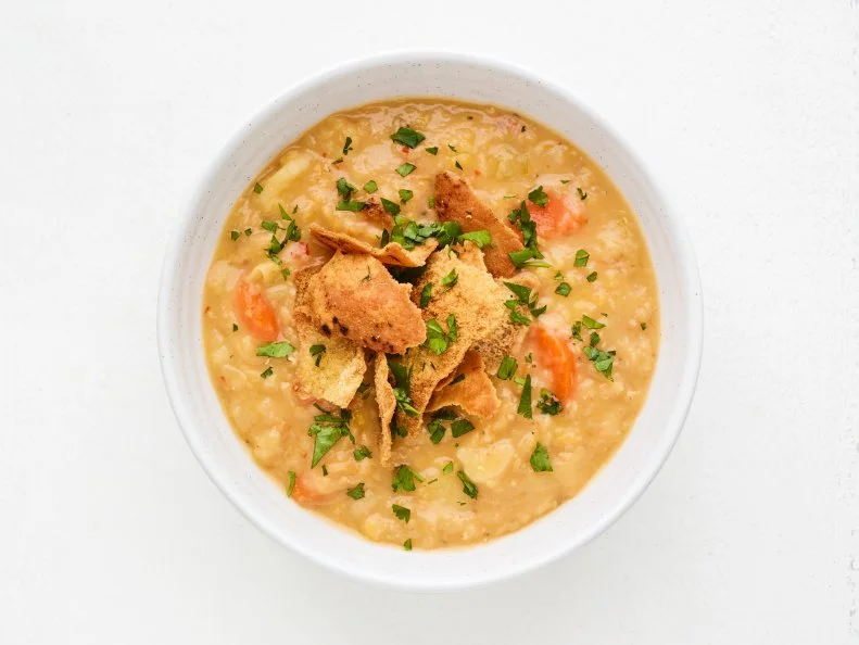 Red Lentil–Potato Soup with Pita Crisps. Dinnertime meals. Hearty soups.