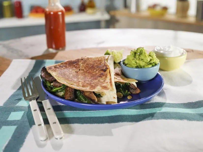 Alex Guarnaschelli's Mushroom Quesadilla with Blender Avocado Salsa, Beauty, as seen on The Kitchen, Season 38/39