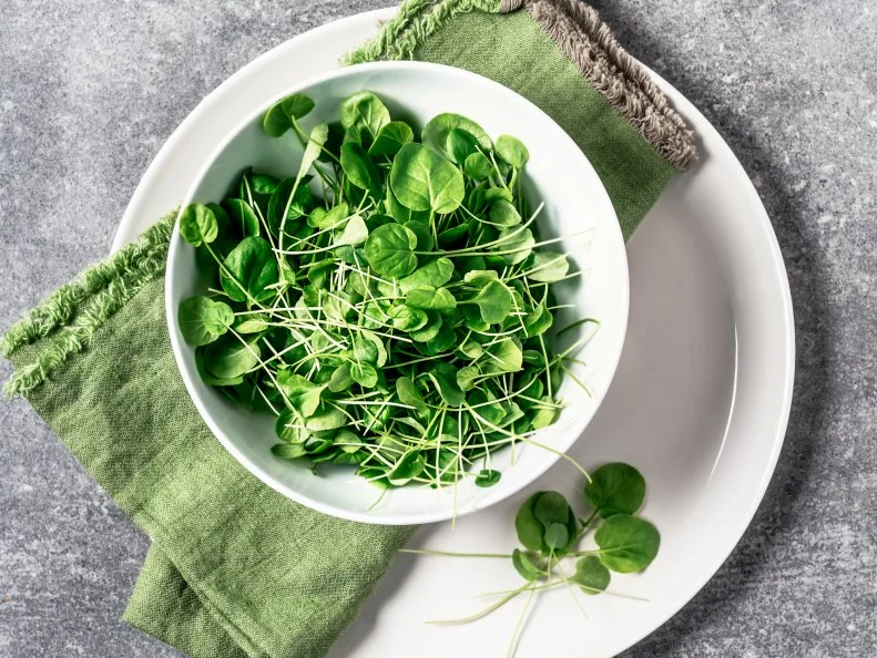 A bowl of watercress on gray background